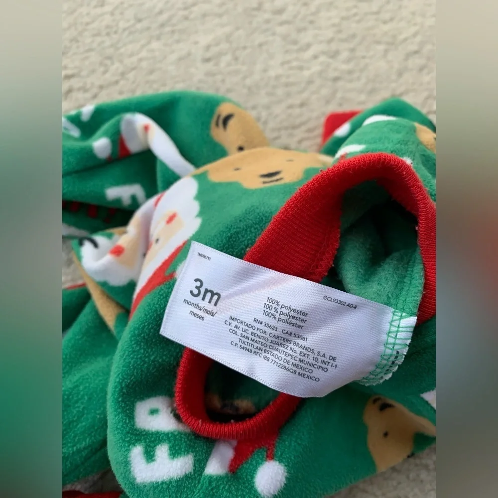Carter's Size 3 Months Green Santa and Reindeer Fleece Footed Sleeper Pajamas